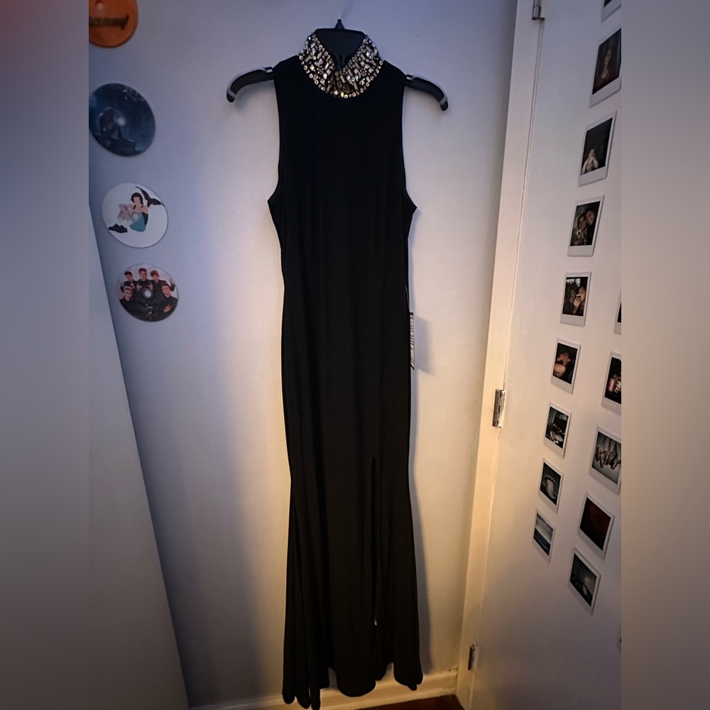 Betsy & Adam Black Rhinestone Mock Neck Dress